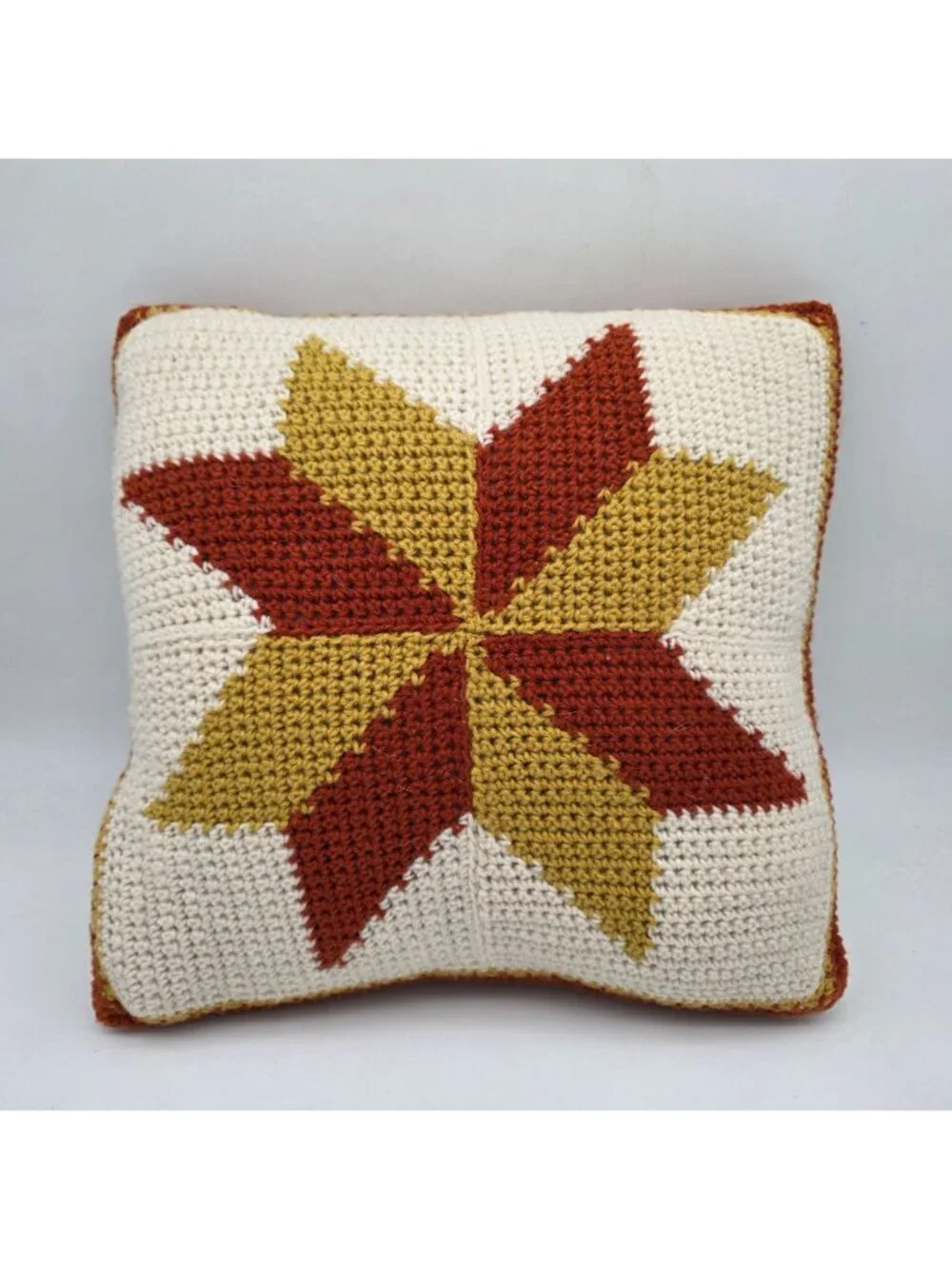 MCM Crochet Throw Pillow Starburst Design In Cream Rust And Mustard 18x18